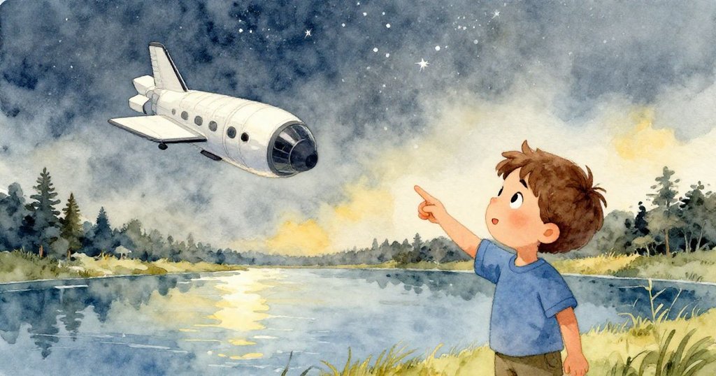 Milo驚訝指向夜空中滑行的真實太空船,群星閃爍映照池塘寧靜景致,展現出魔幻與告別的溫柔情感。