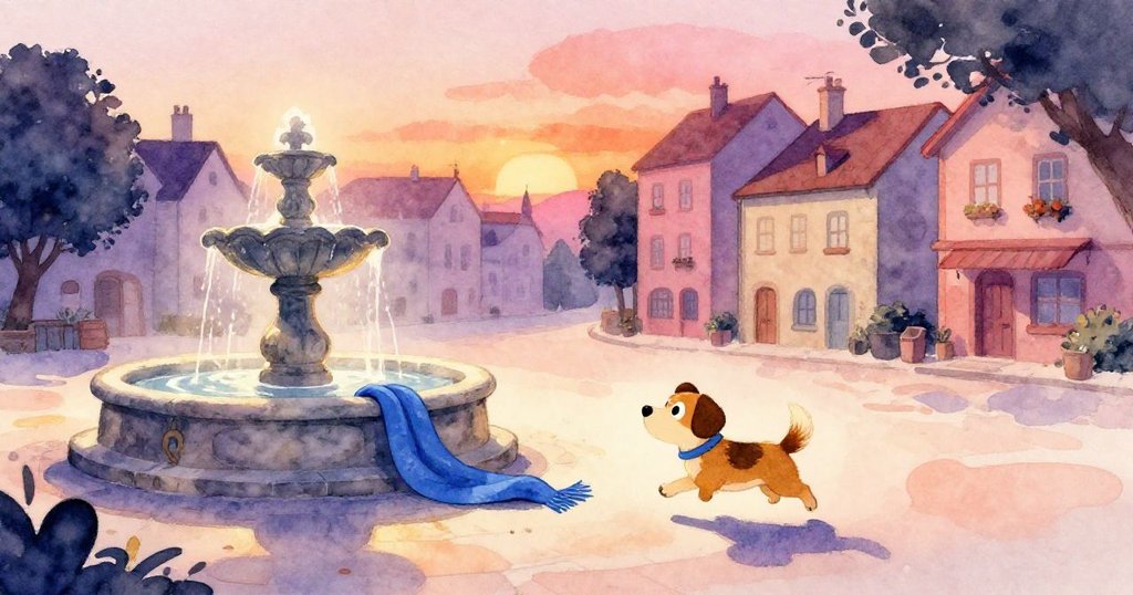 小狗在晨光中快步走向城鎮廣場的藍色圍巾，噴泉靜謐，充滿期待與溫暖氛圍。