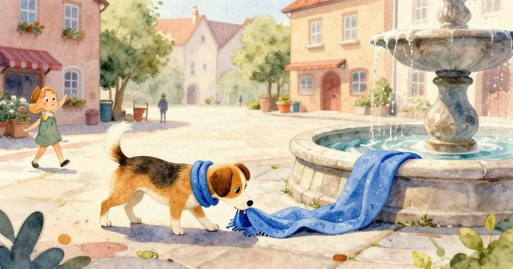 塑料飛船撞擊藍圍巾，使圍巾滑至長椅下，噴泉水花濺起，水珠與光影交織展現動態美感。