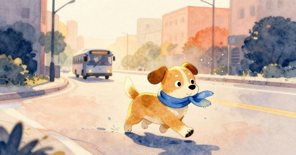 小狗叼著藍色圍巾甩掉水珠向前奔跑，遠處巴士漸隱，街道寬闊，充滿溫暖與新希望。