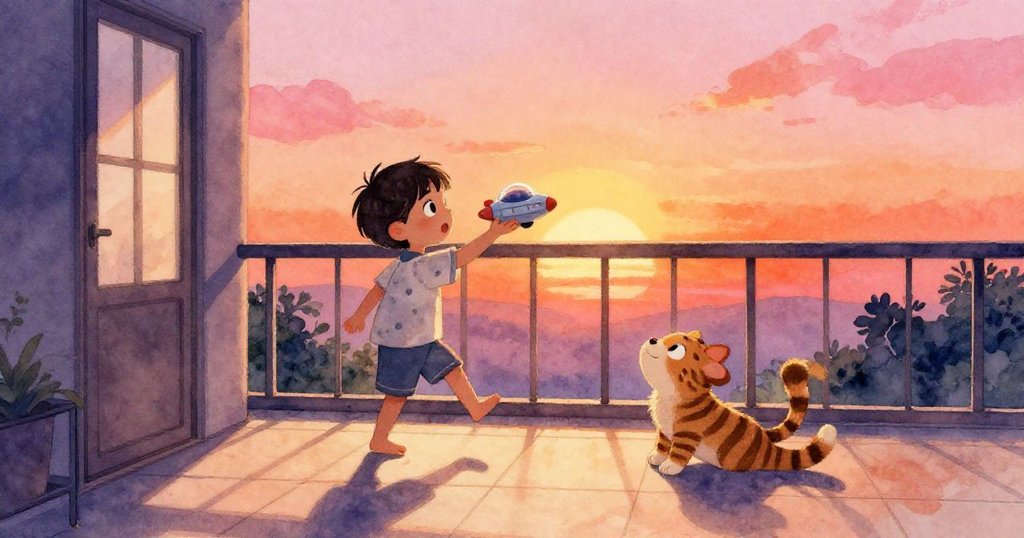 Kai踏上溫暖夕陽照耀的陽台，手持未完成的太空船模型，Milo悠然伸展，背景充滿柔和橙粉光影與溫馨景致。