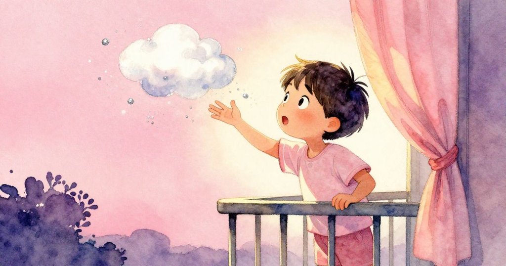 Kai驚訝地看著銀塵被微風吹起，窗簾隨風輕舞，展現出融現實與魔幻的陽台瞬間。