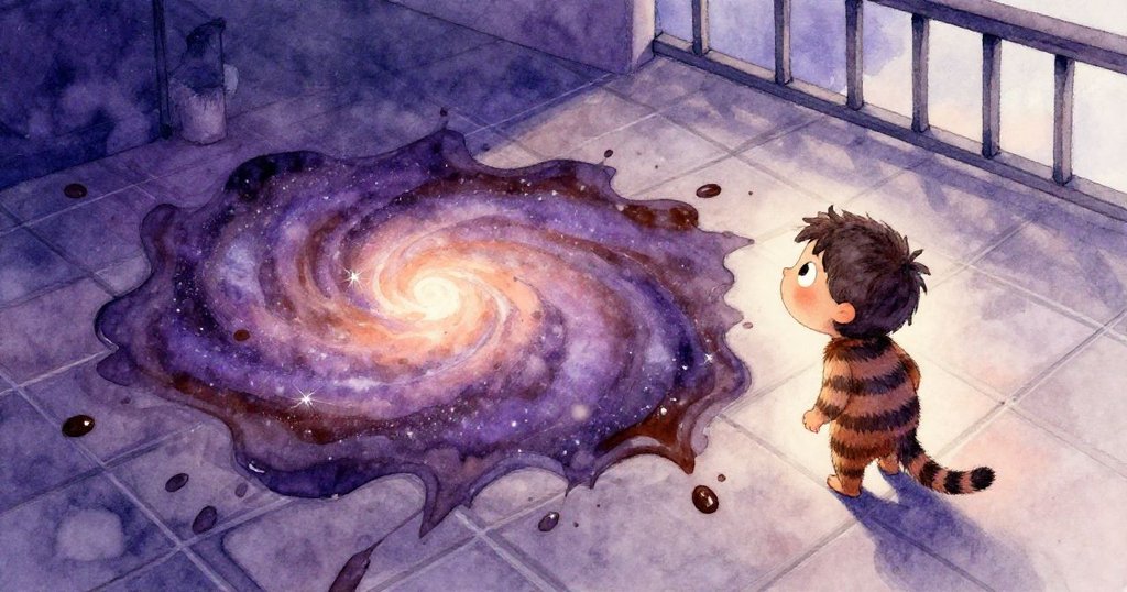 Milo好奇望著雨後濕瓷磚上散落的熱巧克力與銀塵混合成旋渦銀河，空氣中瀰漫清新季節氣息。