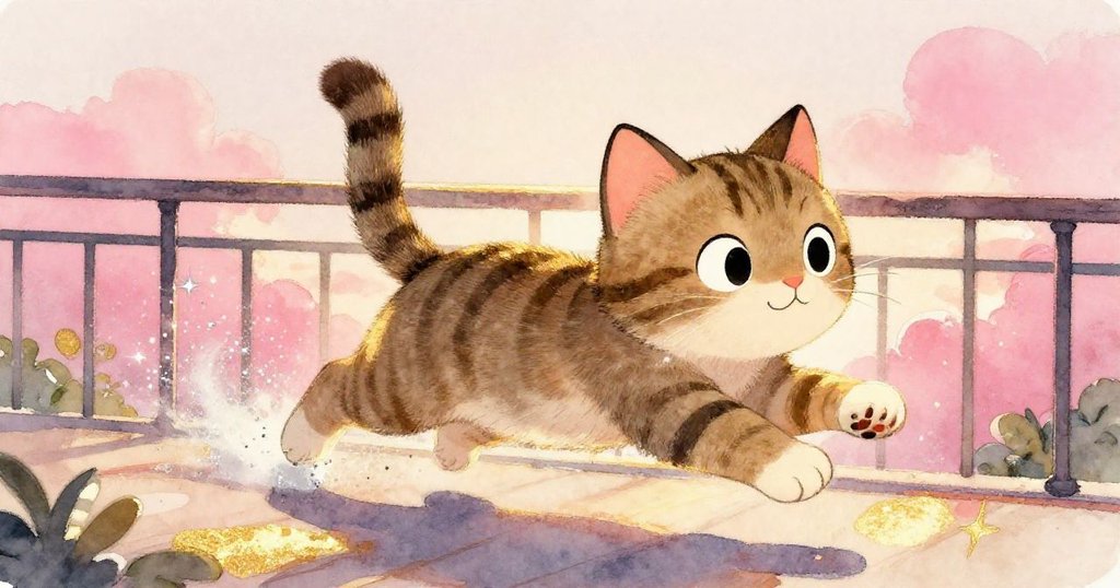 Milo活力四射地撲向飛散的亮銀塵，在陽台欄杆旁展現出充滿動感與歡快的追逐瞬間。