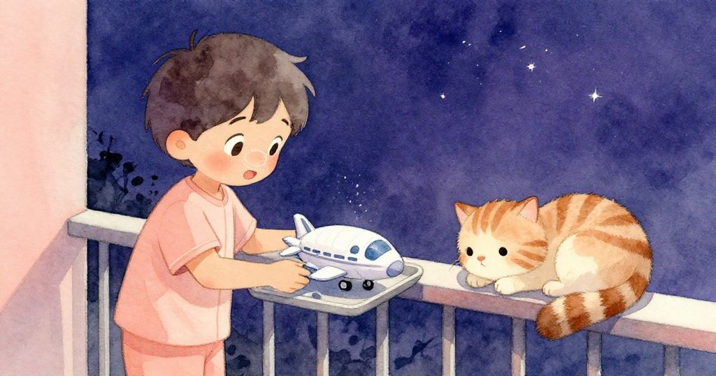 Kai專注清理陽台混亂，托盤穩放模型太空船，Milo舒適蜷縮，鼻尖映出微光銀塵，展現平靜全新開始。