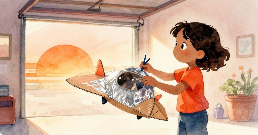 午後斜陽穿透車庫天窗，Maya專注製作紙板太空船，身影與紙板、銀光交織，充滿期待與溫暖。