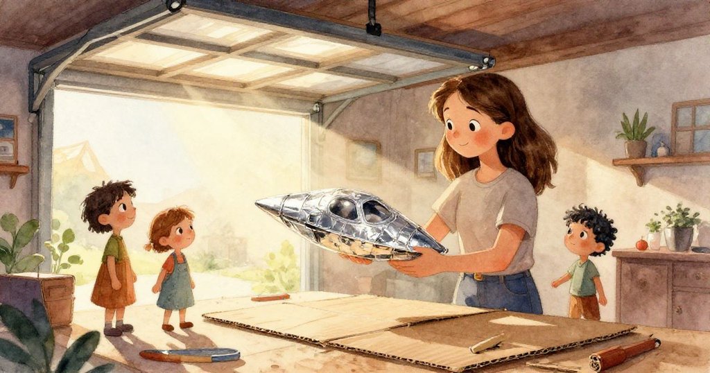 Maya的雙手正專注操作剪刀修剪閃亮紙板與銀箔，細節豐富，呈現玫瑰粉與金光交織的溫暖創作現場。