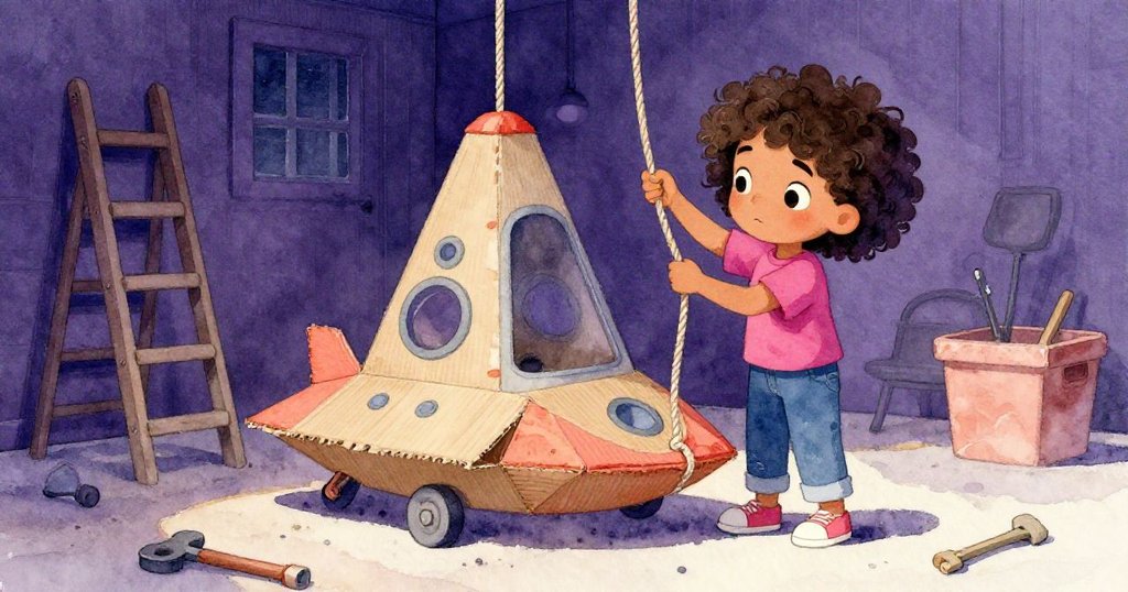 在車庫內，Maya蹲下細調繩結，背景有梯子與工具，光影交錯中展現深紫與靛藍層次豐富的創作場景。