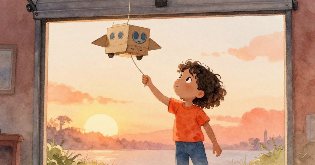 Maya站在車庫門旁，緩釋繩索讓紙板太空船懸浮，室內外光線交織，表情既緊張又充滿期待。