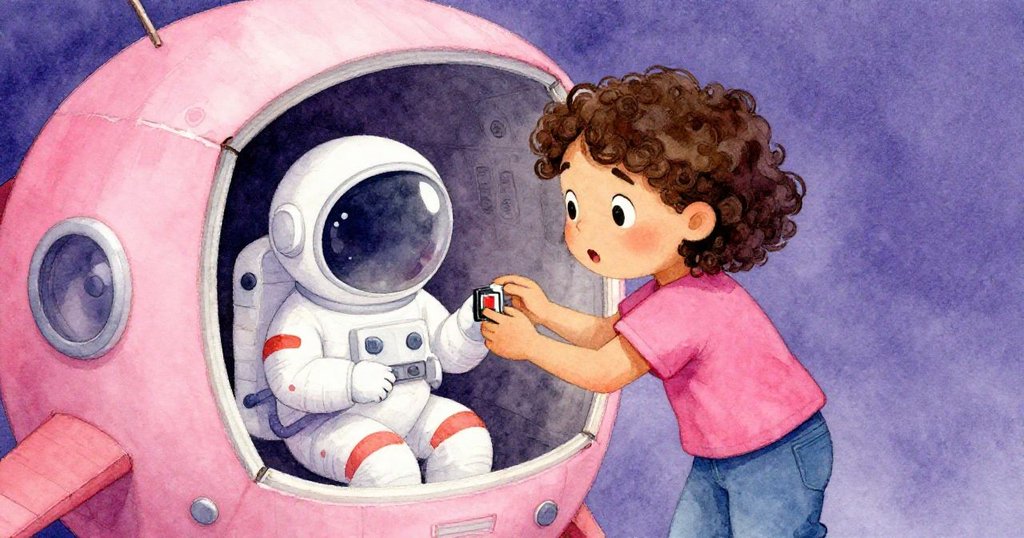 輕風拂過間，Maya驚訝地發現紙板太空船內電池開關外露，神情專注細節分明，展現出發現的意外與驚喜。