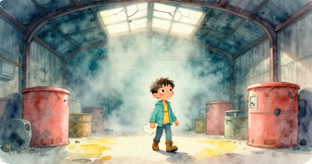 Milo走進存儲機庫，雨滴在破天窗透入，銀色飛船和濕潤地面交織，表情充滿好奇與期待。