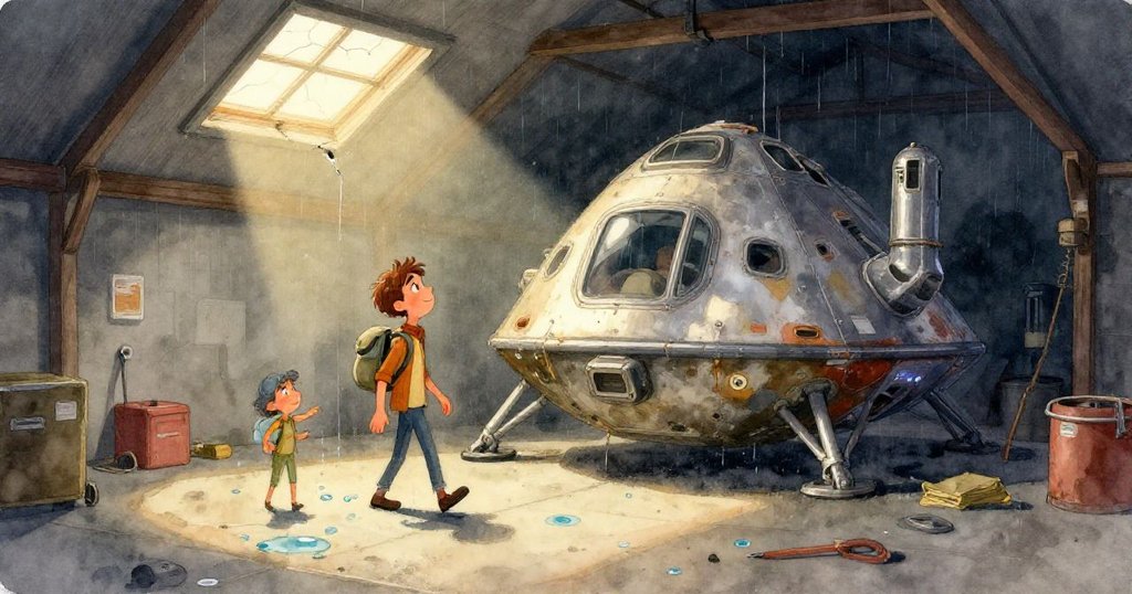 Milo蹲下檢視鏽蝕鏡頭，手指輕觸老舊金屬表面，細節展現歲月痕跡，充滿探索驚奇之情。