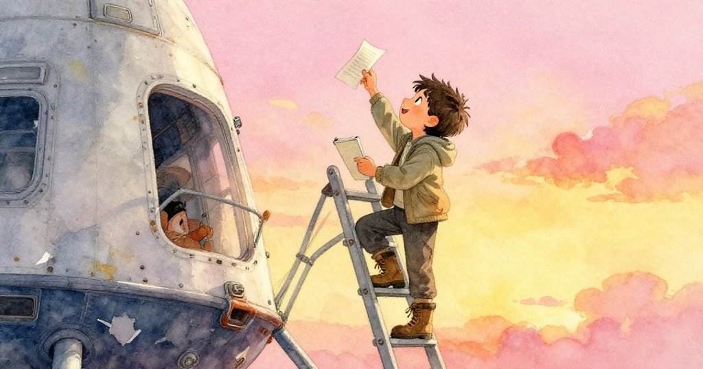 Milo攀爬歪斜梯子，一邊記錄筆記本細節，飛船斑駁背景中展現冒險精神與專注表情。