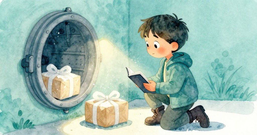 Milo蹲在駕駛艙旁，試著打開維修艙封條，泡沫包裹中透出嫩綠種子，灰塵隨光舞動，畫面神秘。