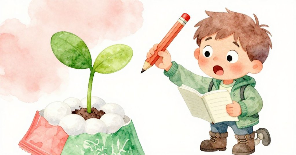 Milo驚訝凝視剛冒出嫩綠芽的包裹，鉛筆意外滑落，強烈情緒與細膩春意交織，瞬間充滿張力。