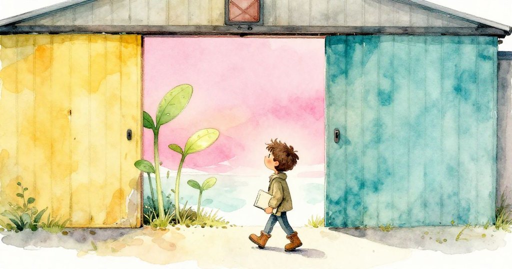 Milo背對我們逐步離開機庫，大門緩關，維修艙中四株淡綠芽靜靜綻放，寓意新生與延續。