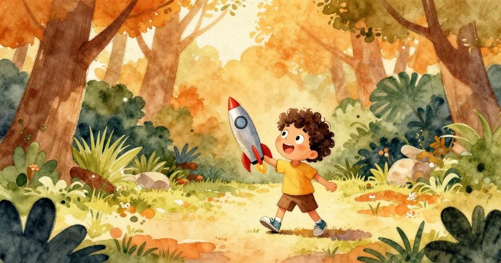 Milo站在綠草庭院中，手握小火箭，陽光灑下溫暖光芒，臉上充滿期待，開始他的太空冒險。