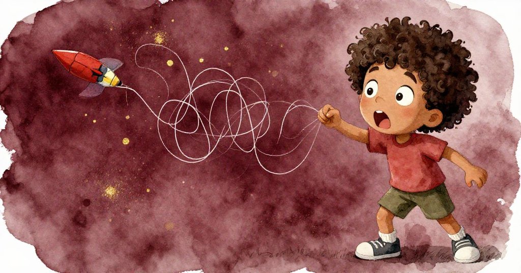 Milo驚訝地看著火箭繩突然打結，雙手顫抖，角度獨特呈現出情緒與挑戰，場景充滿緊張氣氛。