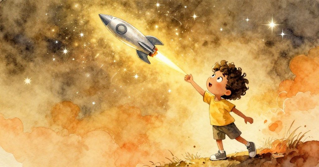 Milo輕輕轉動捲軸數著一二三，火箭迅速升空轉動，天空閃耀著微小星光，氣氛奇幻溫暖。