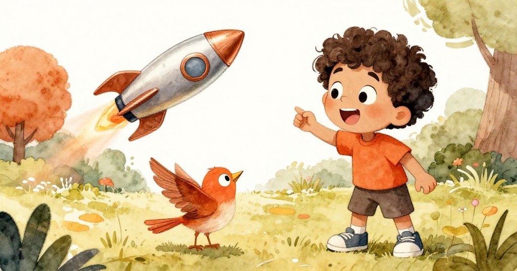 Milo在庭院中仰望飛行的火箭，一隻活潑小鳥飛近，他與小鳥互動，展現出滿足愉悅的神情。