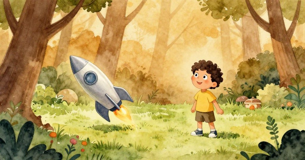 Milo滿懷平靜站在翠綠草地上，銀色火箭柔和降落旁邊，夕陽微光映照著他滿足的笑容，庭院祥和結局。