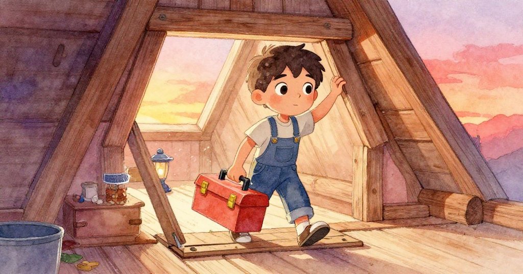 小男孩Leo走進昏黃閣樓，手持工具箱踏入溫暖空間，背景出現掛燈與轉動行星，情緒期待且充滿決心。