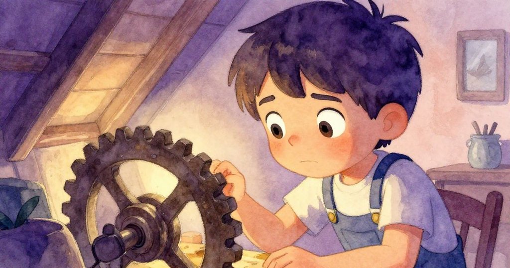 小男孩Leo凝視損壞齒輪，眼神專注，面部表情流露堅定情緒，細節展現閣樓中柔和暖光。