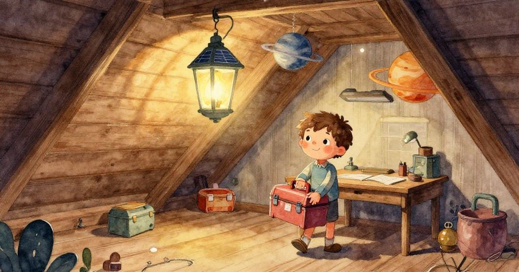 從Leo背後視角，展示閣樓桌上懸掛模型燈與轉動行星，工具箱與纜線隱約可見，營造家庭溫馨氣氛。