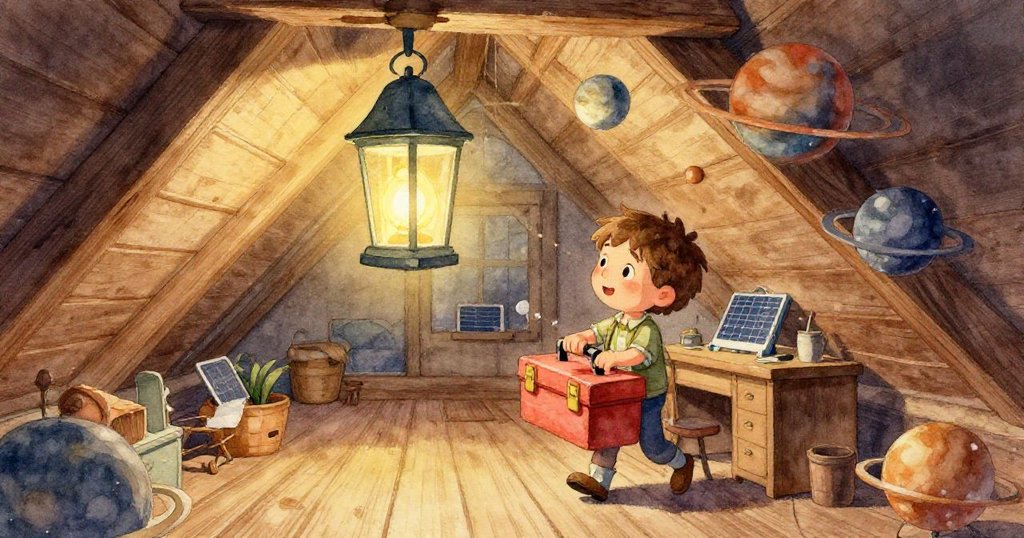 閣樓內梯子突然晃動，塵埃飛揚，小螺絲滾動觸碰油漆盒與毛刷，氣氛溫暖中帶點懸念。