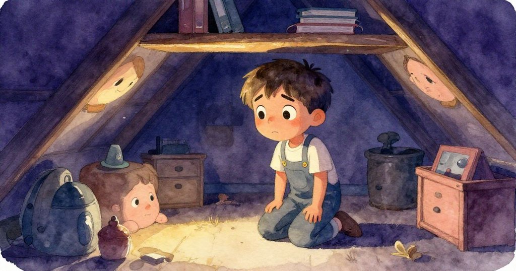 在昏暗閣樓中，Leo跪地尋找失物，眼中流露擔憂，背景板與纜線隱現陰影與微光，氣氛充滿懸念。