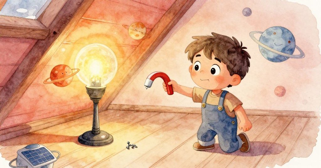 Leo使用磁鐵找回掉落螺絲，並修復齒輪，背景中模型燈和行星再次轉動，手部動作細膩表露喜悅與安心。