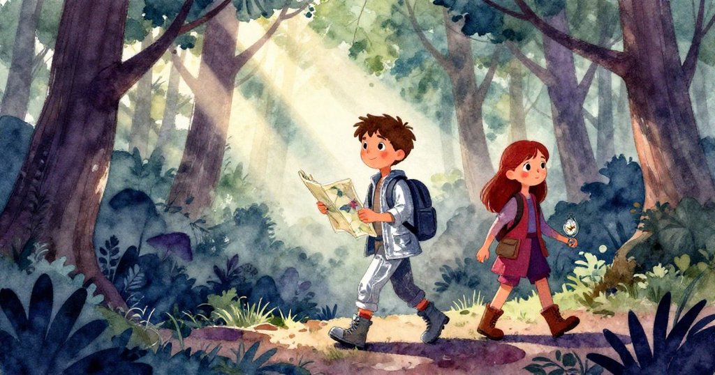 Leo跟隨Hazel行走在陽光斑駁的森林中，兩人身影在明亮背景下形成剪影，傳達出探索奇石的期待與勇氣