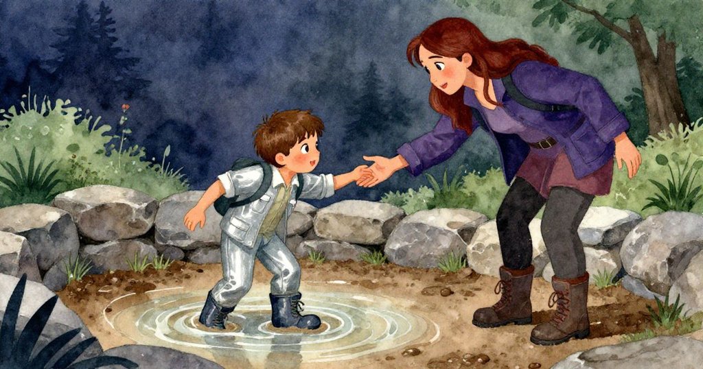 Leo的靴子陷入透明泥濘中，Hazel急忙伸手相助，石環空地中展現出緊張與希望交織的瞬間