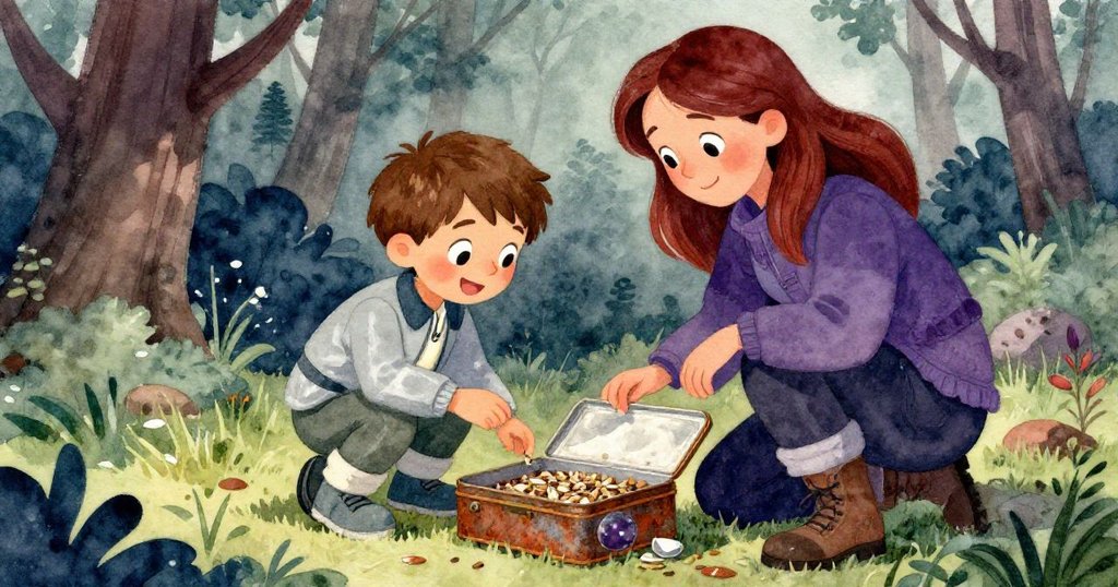 Hazel與Leo臉上展露欣慰的微笑，細看生鏽鐵盒中種子與破碎彈珠，展現發現後驚喜與溫暖的心情