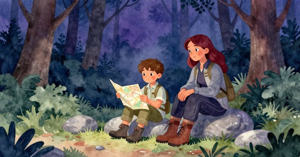 在寧靜森林空地中，Hazel與Leo靜坐休息，地圖輕舞於石旁，夕光柔和映襯著一天冒險結束的安詳與反思