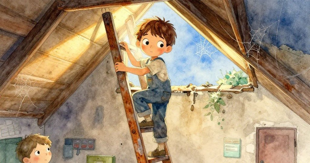 李奧攀爬破舊樓梯進入光線柔和的學校閣樓,晨光映照出他期待與好奇的眼神,展開冒險之旅