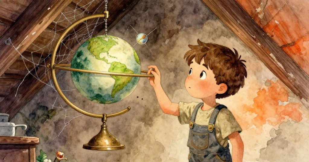 李奧站在陰暗閣樓中注視懸掛的古老太陽系模型,銀色蛛網與剝落油彩訴說著歷史,臉上流露出懷舊與驚奇