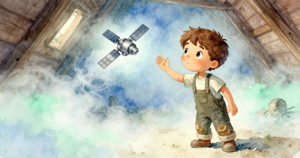 李奧在塵霧繚繞的閣樓中驚奇地注視銀色衛星緩緩墜落,空氣中彌漫著夢幻般的水藍與薄荷色光影