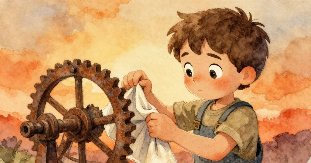 李奧專注地用布包裹閣樓裡太陽系模型的老舊齒輪,鏡頭特寫展現他堅定與細膩的手法,情景充滿緊張氣氛