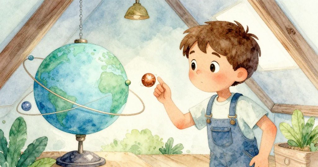 李奧在光線柔和的閣樓中調整修復後的太陽系模型,看著水星開始環繞運轉,臉上滿是驕傲和希望,寓意著重生