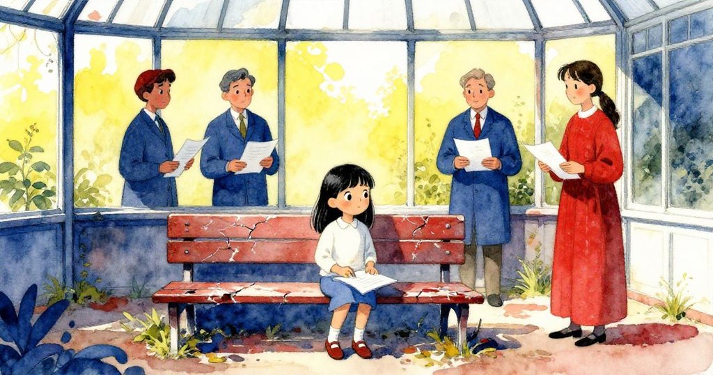 在晨曦映照的破舊溫室中，莉拉擺出素描本準備繪畫，旁邊志工辯論中，場景充滿溫暖與神秘氣息。