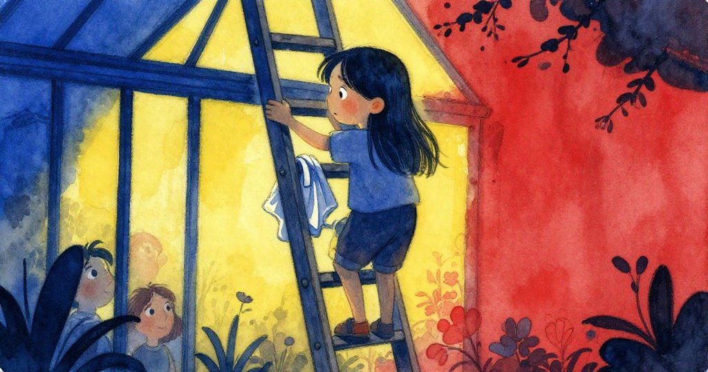 莉拉小心攀登搖晃的梯子，用摺布穩固腳步，肩後展溫室斑駁光影，展現堅定與期待的情緒。