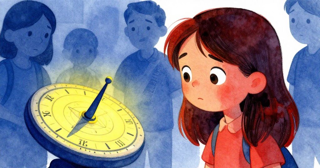 莉拉凝視錯位日晷，驚疑交織表情清晰，背後志工漸隱，場景充滿疑惑與神秘情緒。