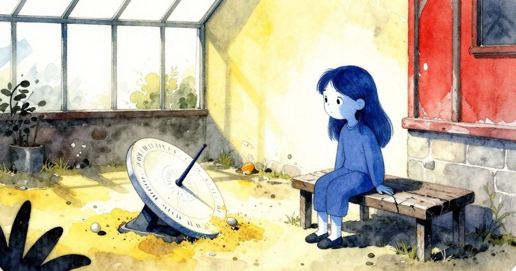 在破舊溫室中，莉拉靜坐於長椅旁，觀察半轉日晷與細沙鵝卵石，場面充滿寧靜與感慨。