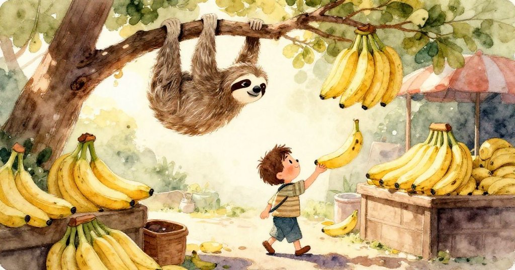 Milo踏著石板路前行，腳下散落圓蘋果，展現初探市集冒險，神情活潑且充滿期待。