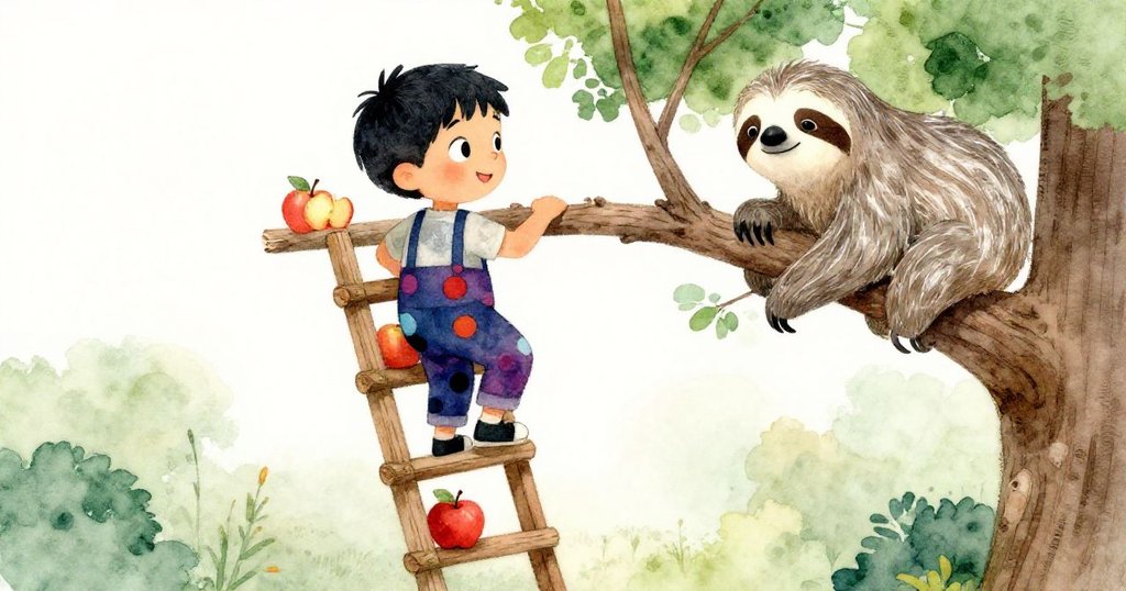 Milo仰望攀爬蘋果梯，臉上露出決心，樹上樹懶靜靜注視，低角度呈現攀登冒險進程。