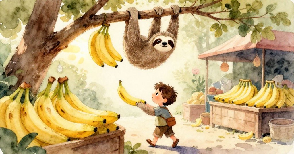 Milo攀爬蘋果梯時，積水映出倒影與輕落蘋果，形成奇幻水下世界般充滿夢幻光影的市集角落。