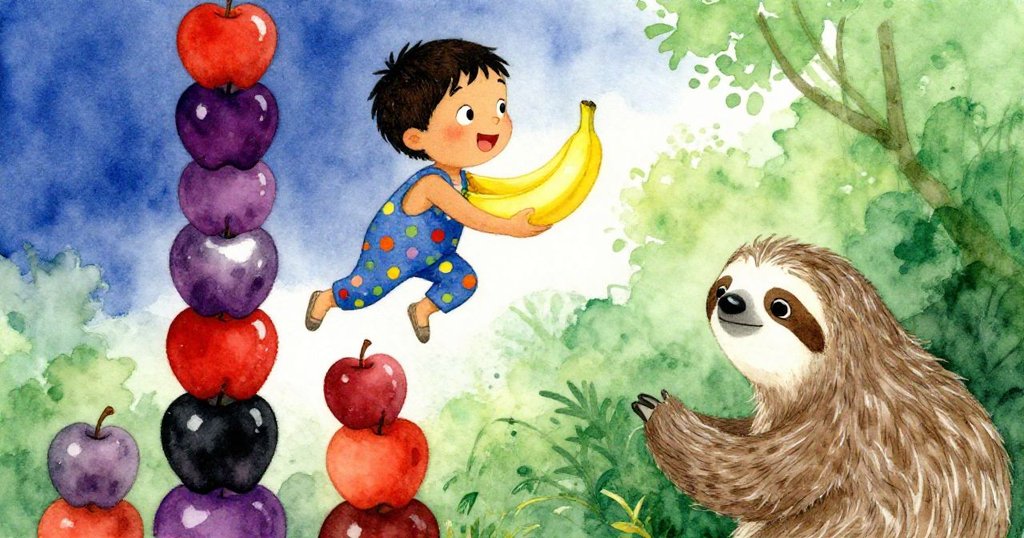 Milo在搖晃蘋果梯上奮力跳下，緊握香蕉，展現出挑戰與勇氣，樹懶靜觀動感市集畫面。