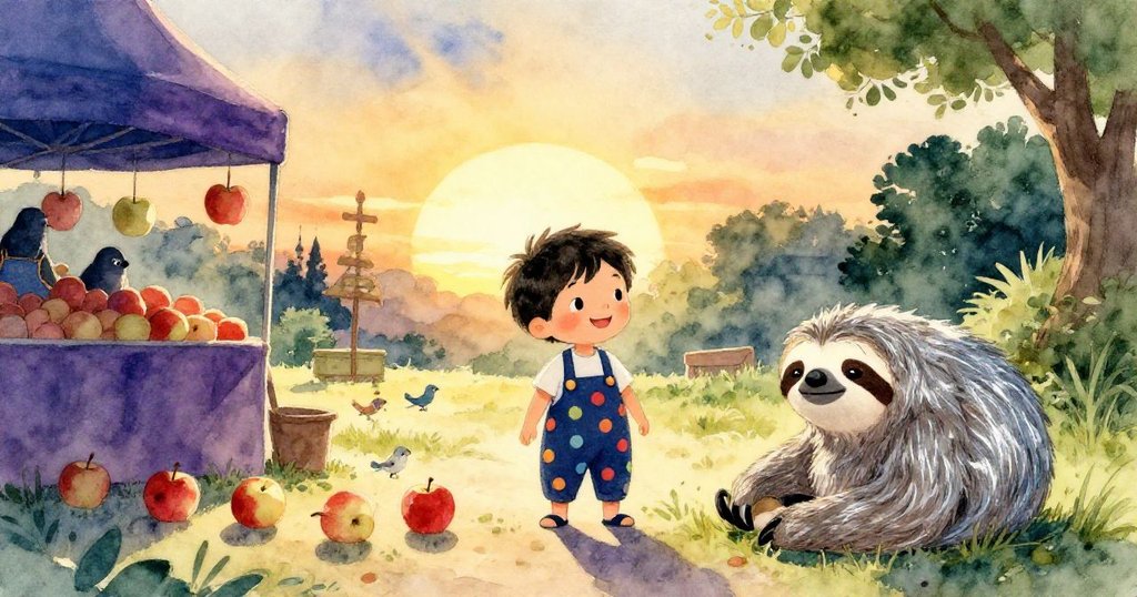 黃昏時Milo站在散落的蘋果旁微笑，市集在金色夕陽下展現溫馨寧靜，樹懶與鳥兒共享安寧結局。