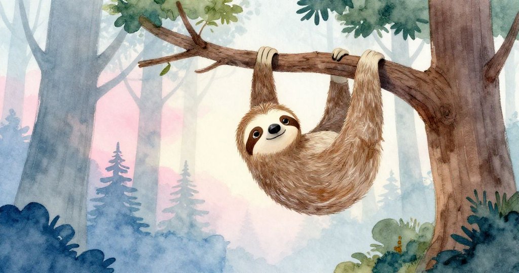 Sloan樹懶在寧靜森林中懸掛老樹枝上，剪影映襯著初升晨光，樹影晃動與鳥鳴交織，流露寧靜與期待。